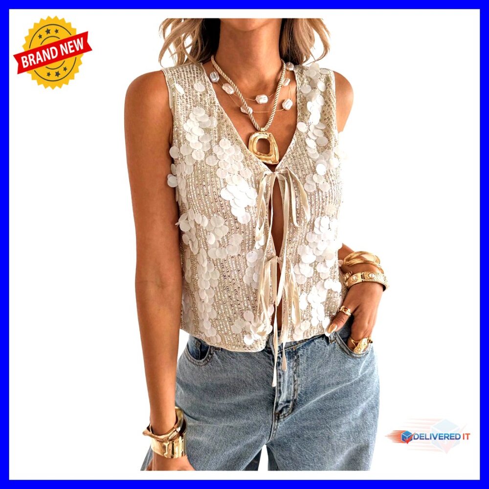 Sequin Lace-Up Tank Top, Deep V-Neck Crop Vest For Party Wear
